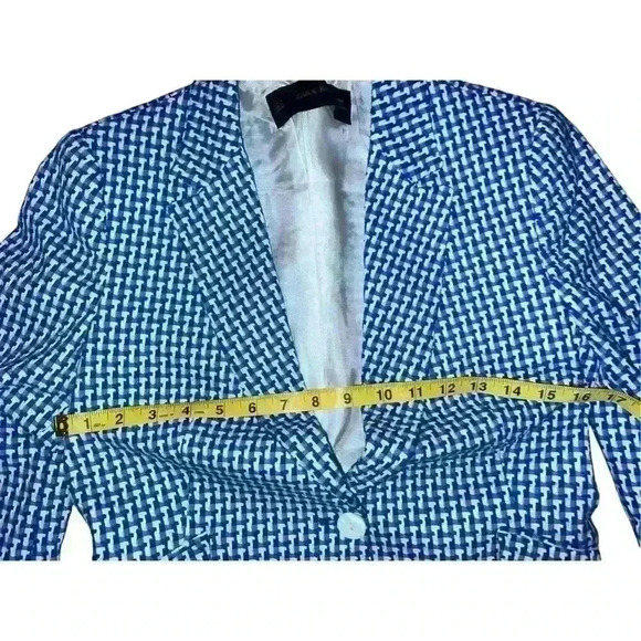 Zara Basic Blue one button c Blazer Sz M Herringbone Office Siren Secretary - Picture 3 of 6